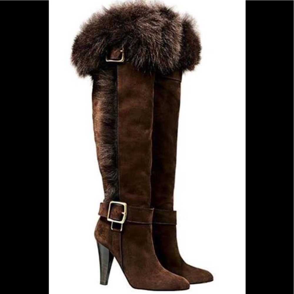 Coach Mazur over the knee fur boots in chestnut